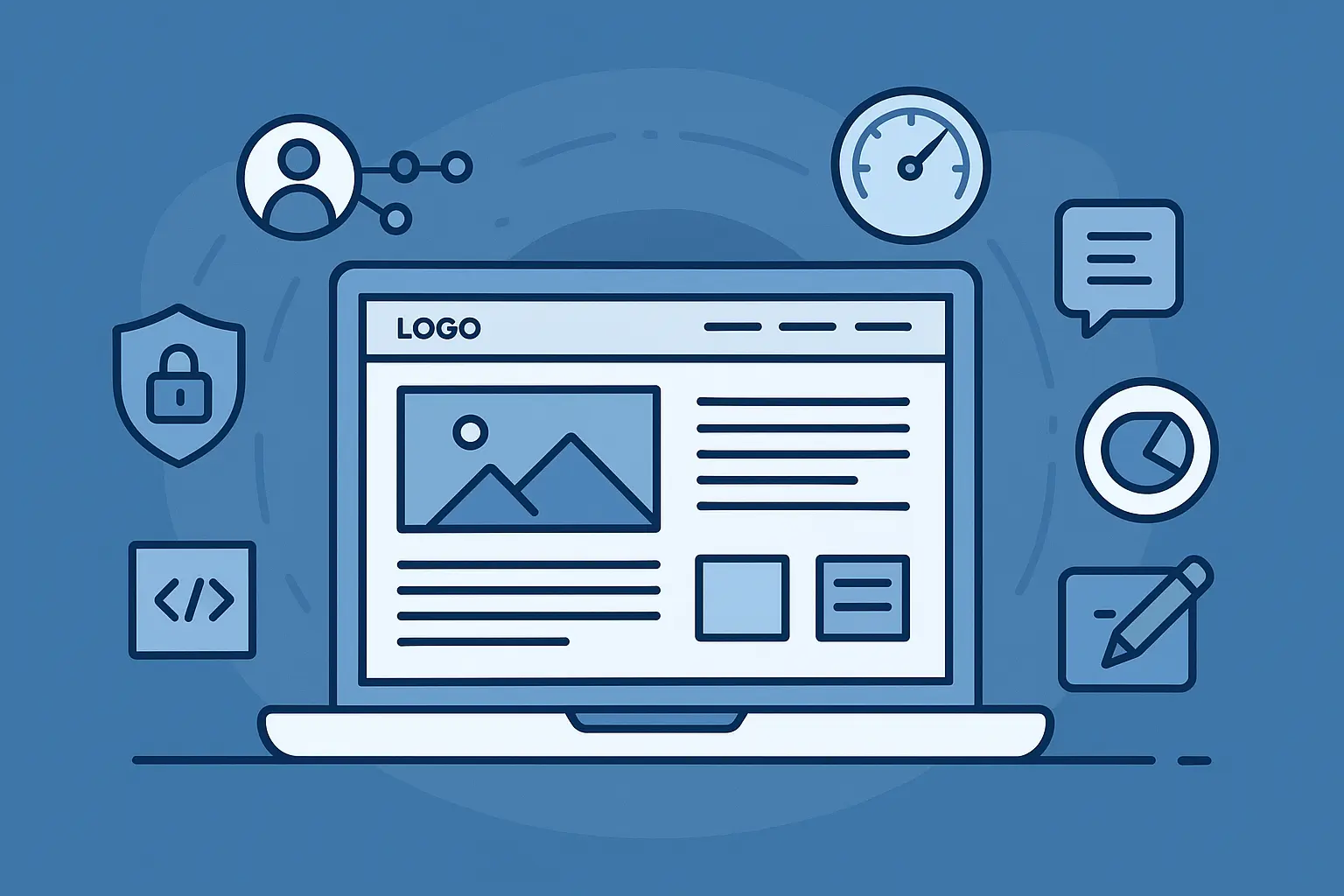Ilustración de un sitio web profesional en 2025 con elementos como velocidad, diseño y seguridad